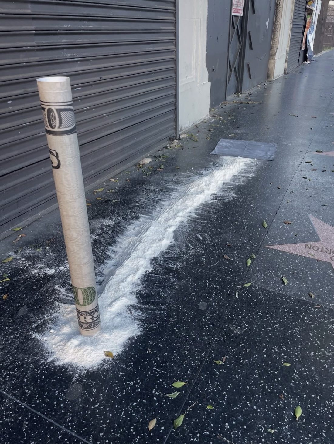 Matt Adam Party series, oversized dollar-bill straw and cocaine staged on the Hollywood Walk of Fame