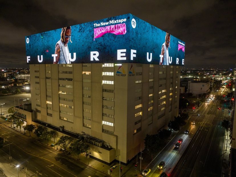 Future Mixtape Pluto billboard wrapping The Reef building in downtown Los Angeles, shot by Matt Adam
