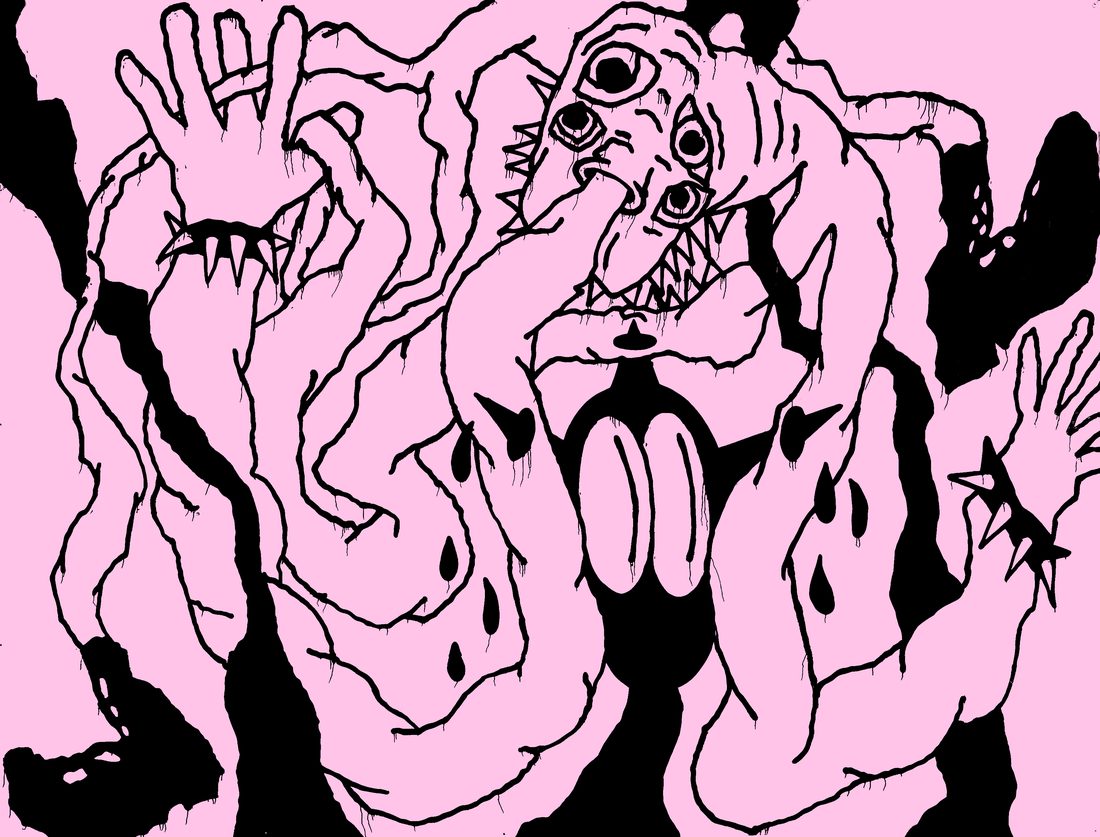 Matt Adam painting, multi-eyed creature in black line on a pink field