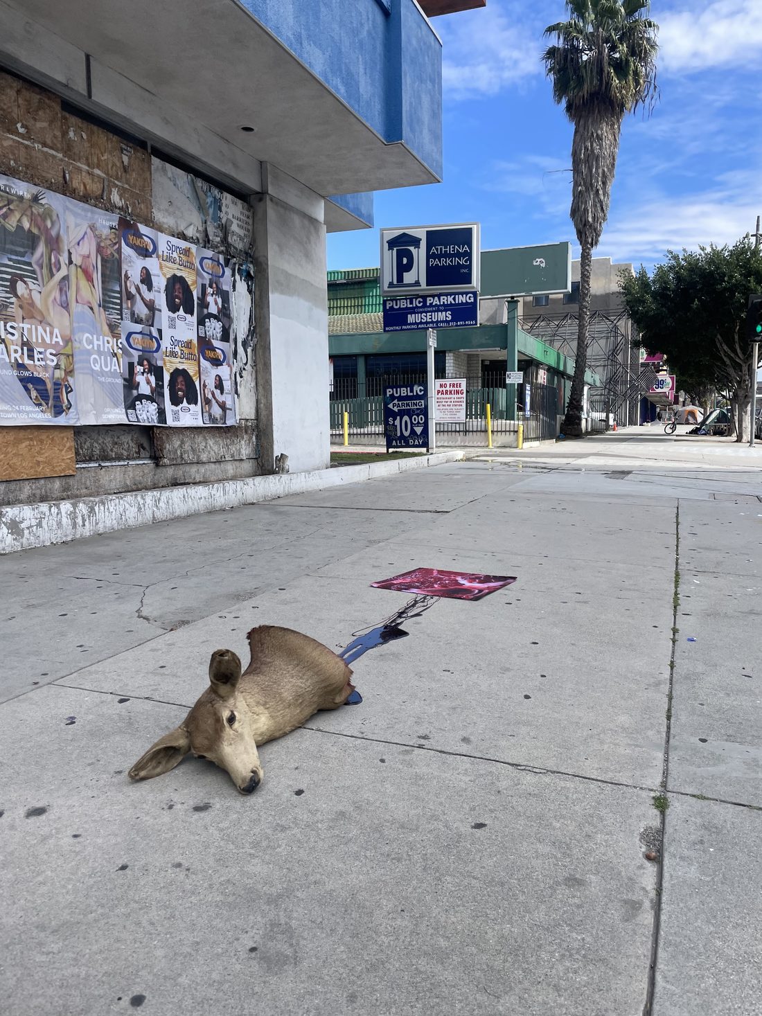 Matt Adam Rotten series, deer head intervention on a downtown Los Angeles sidewalk