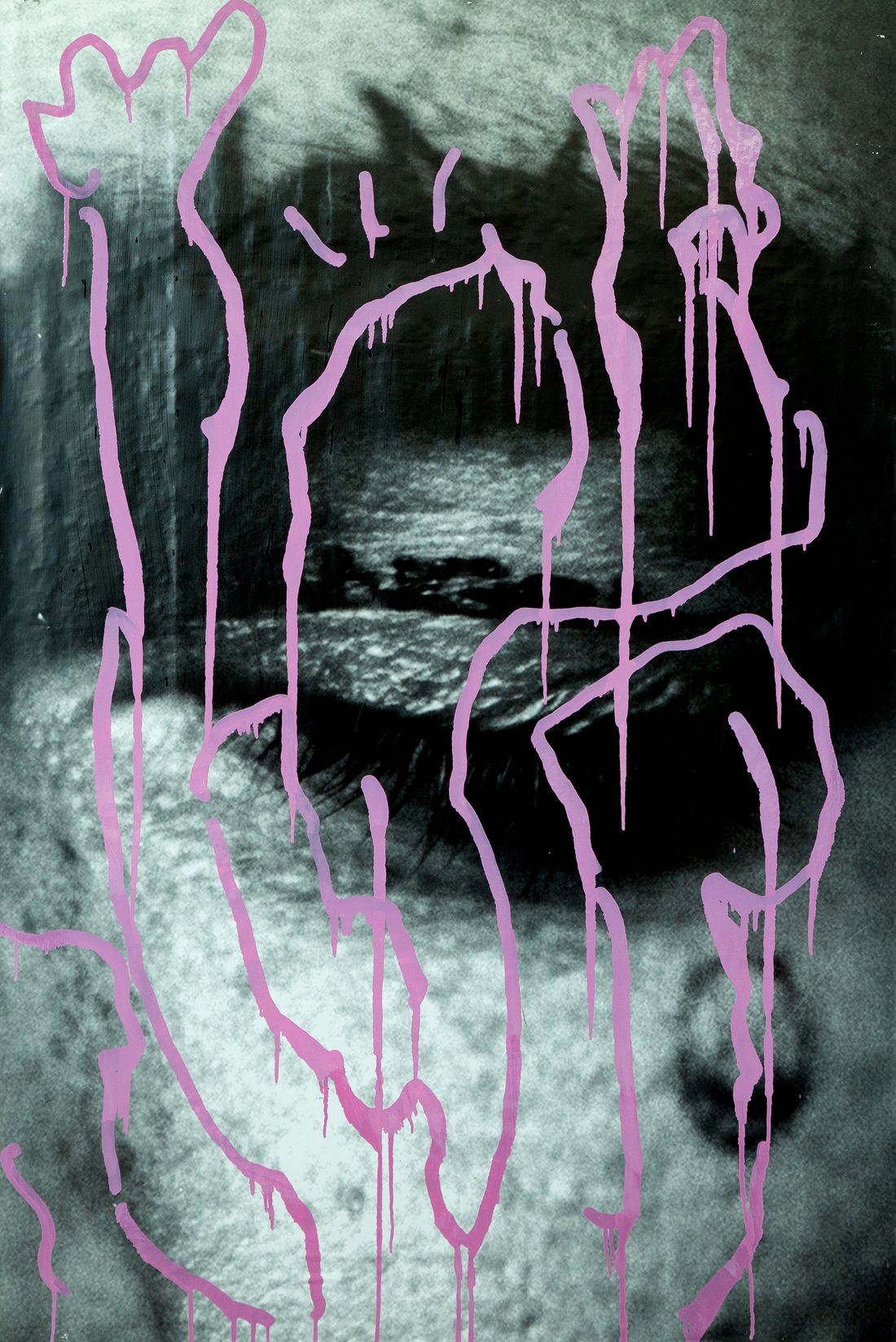 Matt Adam painting, black and white photographic image overlaid with a dripping pink painted outline
