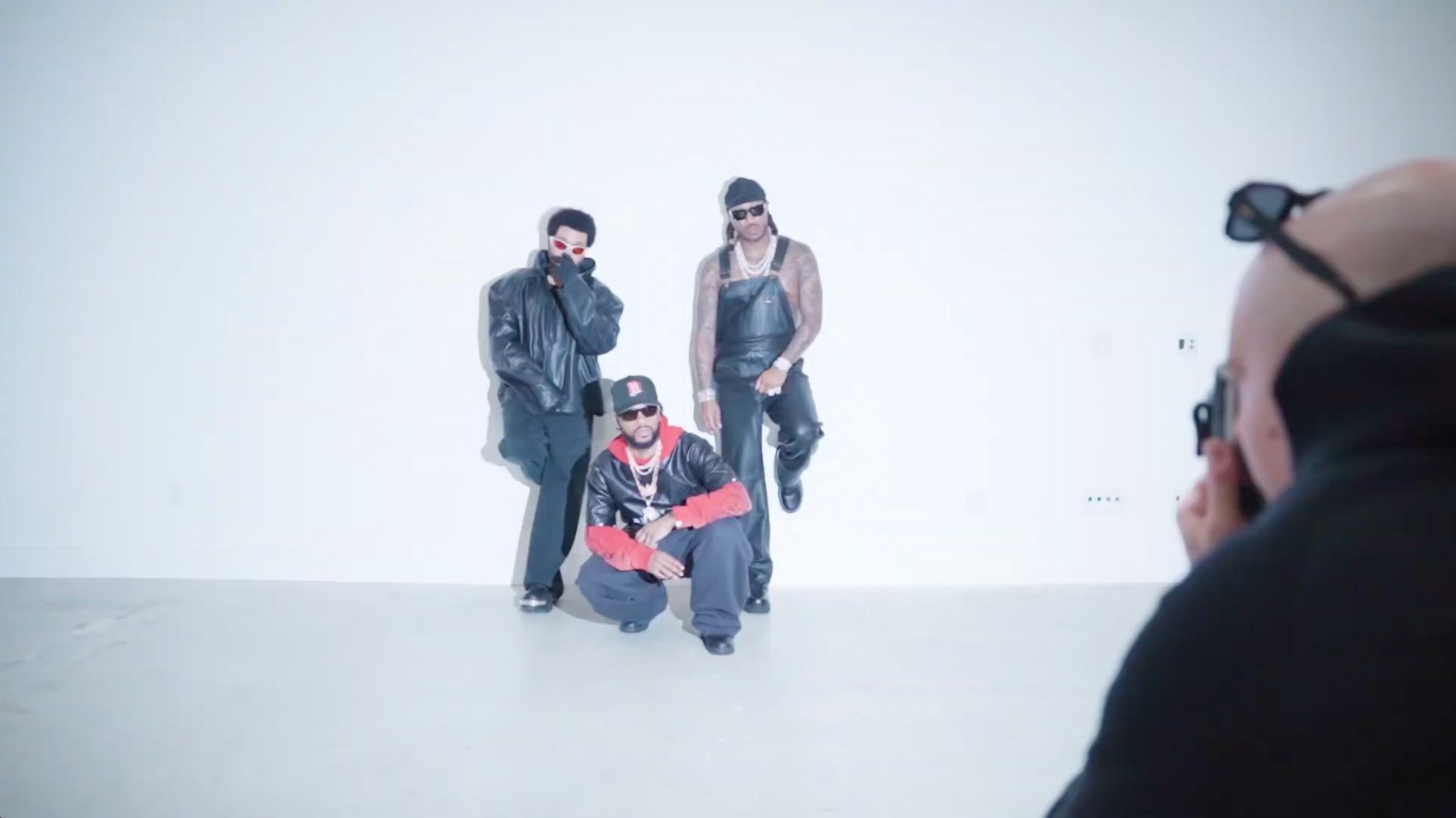 Matt Adam photographing The Weeknd, Future, and Metro Boomin in a white studio