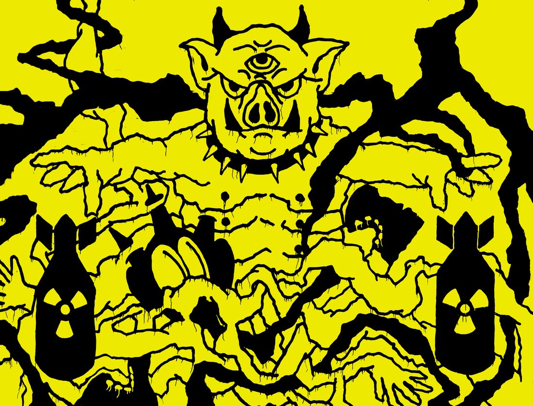 Matt Adam painting, horned three-eyed figure with bombs in black on a yellow field
